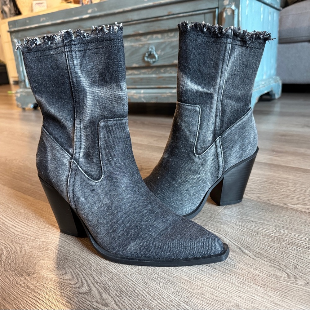 Frayed Denim Ankle Boots - Black